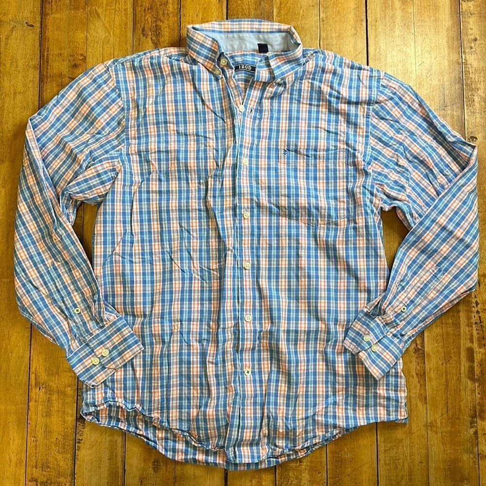Izod Medium Blue Pink Plaid Button Down Shirt Business casual wedding cotton men